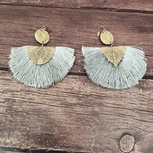 Gray Fan Tassel Earrings Gold Leaf Boho